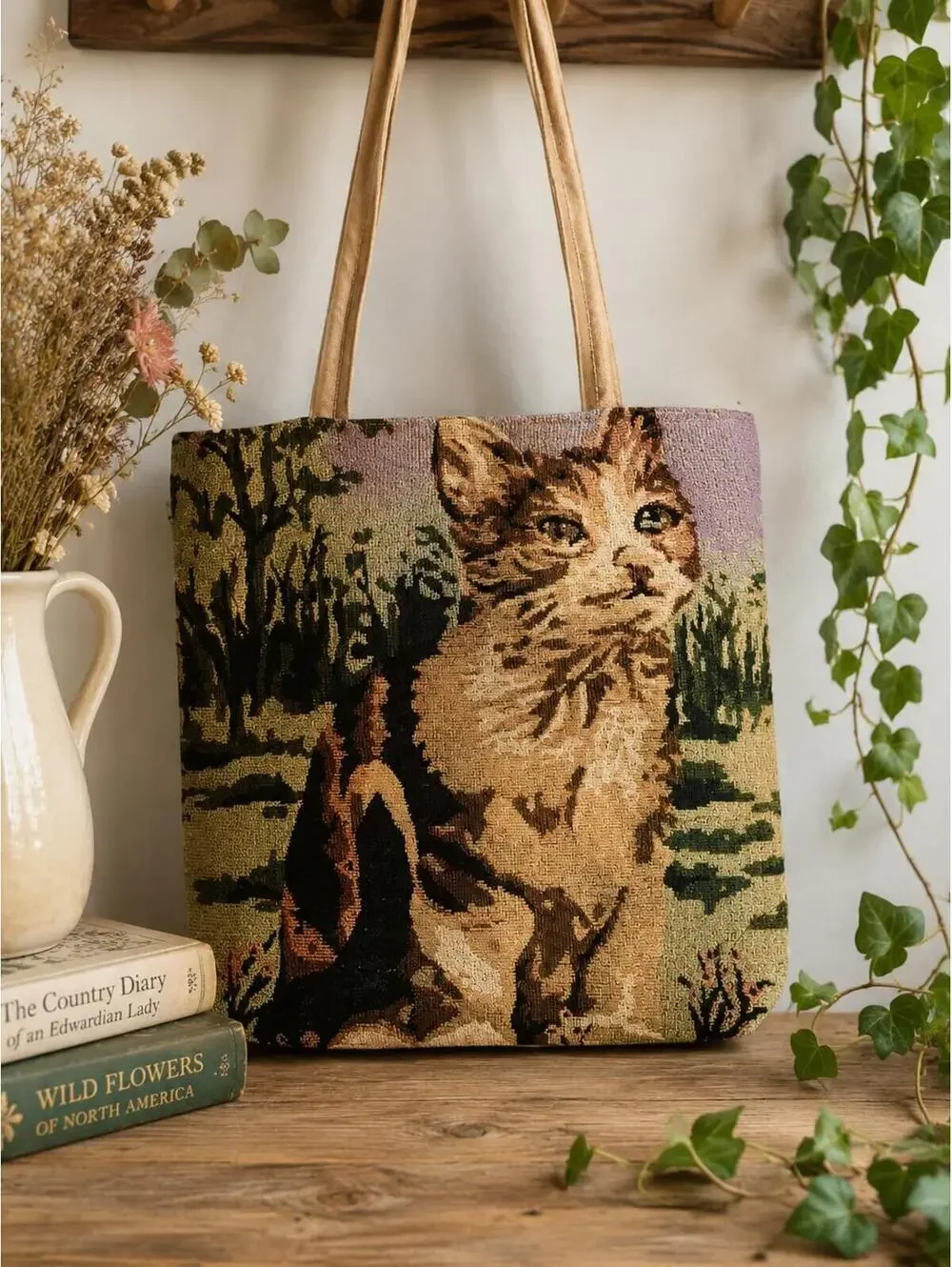 Vintage Style Woven Cat Tapestry Tote Cottagecore Kitty Shoulder  Braciano Bag